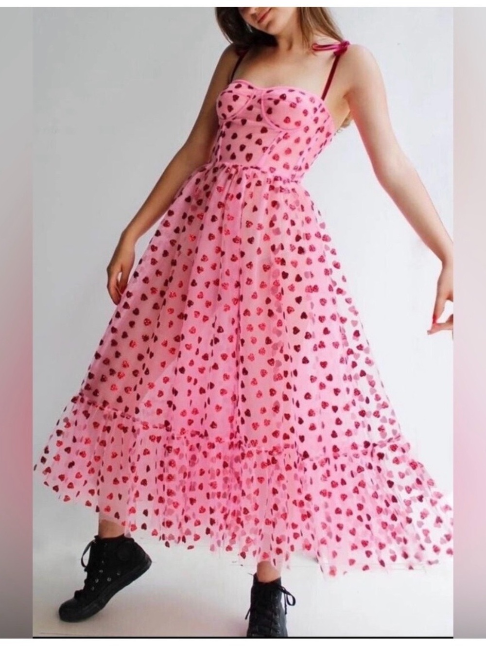 Betsey Johnson Heart Mesh Corset Light Pink Women's Tulle Midi Dress Size 8